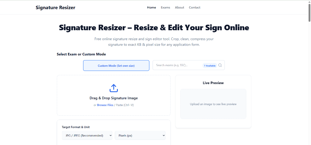 Upload signature image and select exam preset in Signature Resizer tool